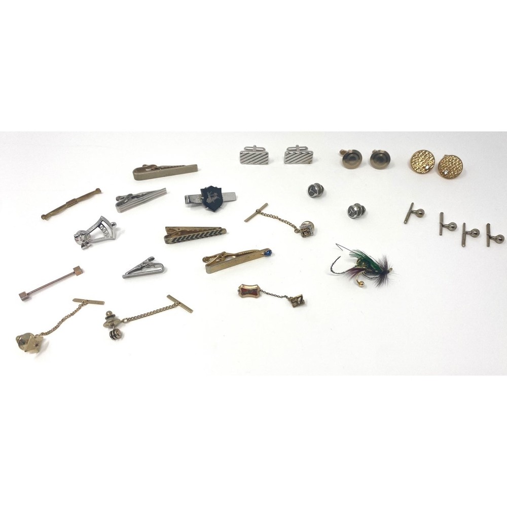 Lot of Vintage Cuff Links Tie Clips and Pins Gold and Silver Tone